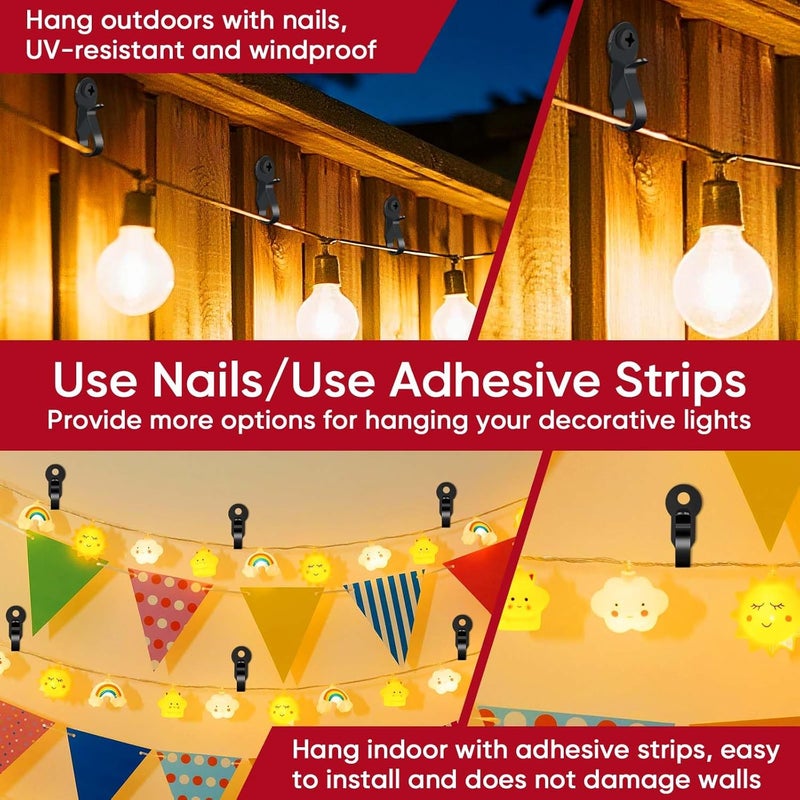Dreecy 60 Pack String Lights Hooks, Stainless Steel Outdoor String Lights Hanger Clips with Screw & Adhesive Strips, Christmas Light Clips for Outside Holiday Decor, Fairy Led Lights Plants Wind Chimes Black - Image 2
